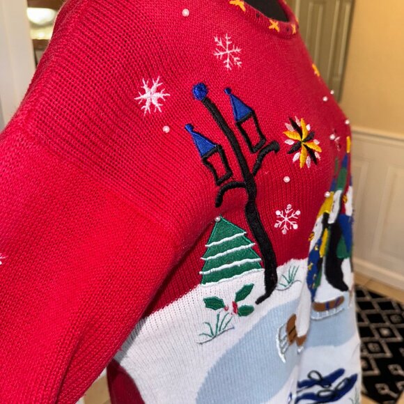 Designers Originals Studio L Red Ugly Christmas Holiday Sweater Skating Penguins - Picture 14 of 14
